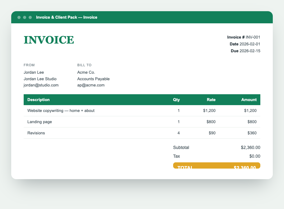 A professional invoice from the Invoice & Client Pack add-on